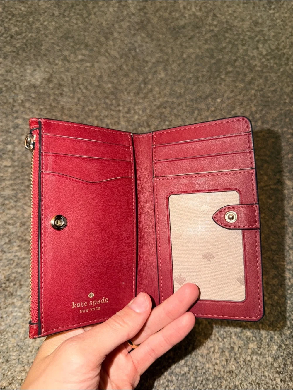 kate spade Red Pebbled Leather Zip Card Wallet with Gold Logo